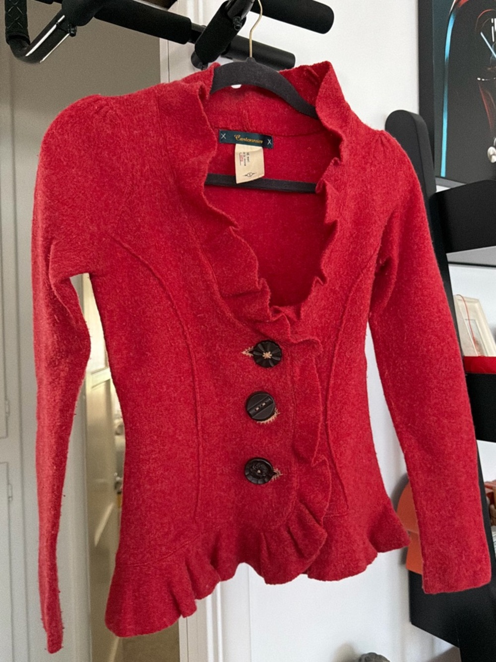 Cartonnier Red Ruffle-Trim Knit Cardigan